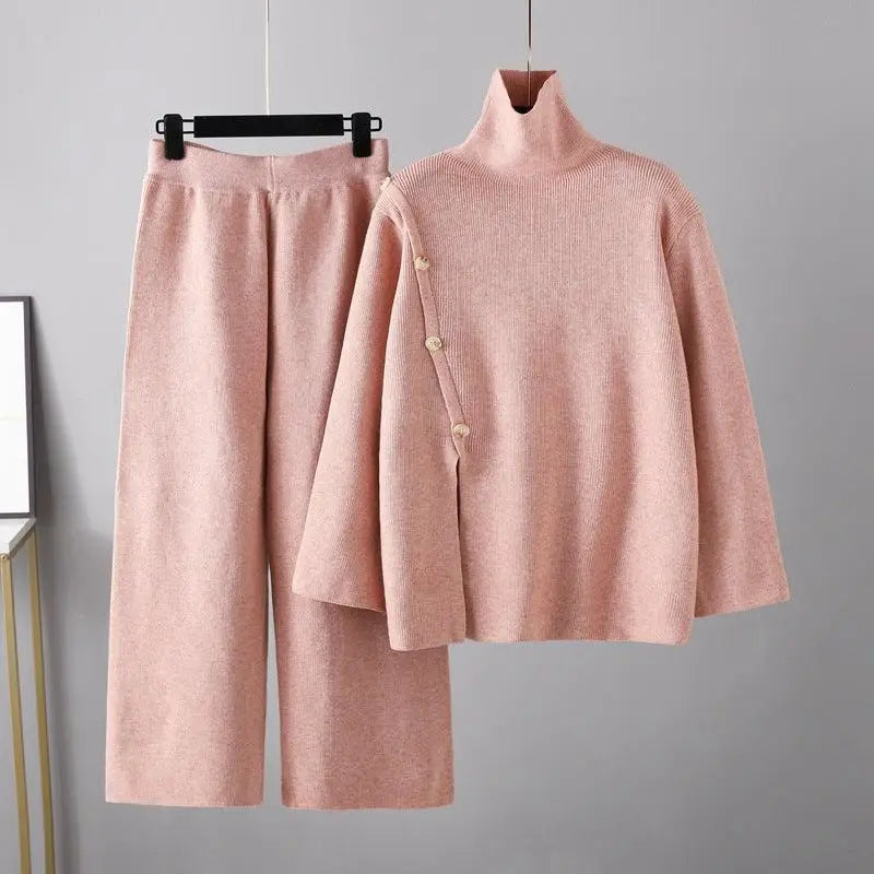 Small Design Stand Collar Split Knit High Neck Sweater for Women Two-Piece Set Nexellus