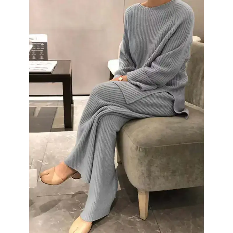 Solid color casual knit long sleeve two piece sweater set for women Nexellus