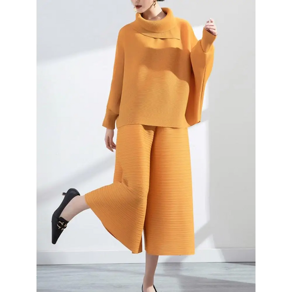 Solid Color Pleated Sets Lapel Long Sleeve Top with Wide Leg Elastic Waist Pant Nexellus