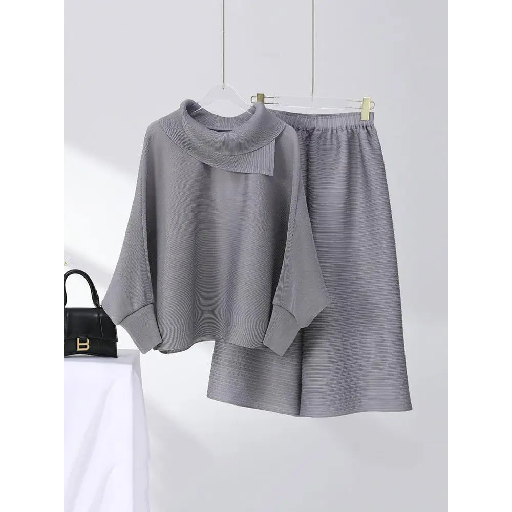 Solid Color Pleated Sets Lapel Long Sleeve Top with Wide Leg Elastic Waist Pant Nexellus