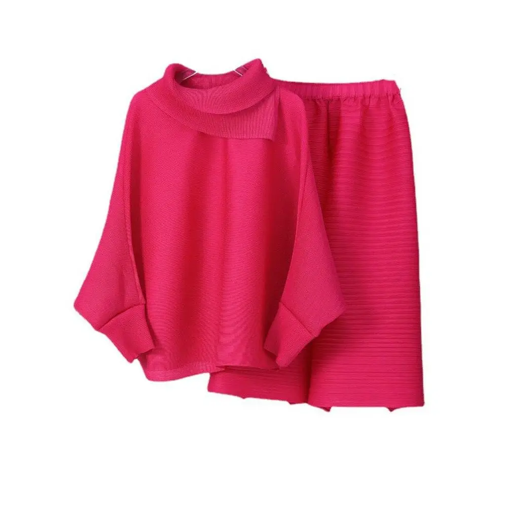 Solid Color Pleated Sets Lapel Long Sleeve Top with Wide Leg Elastic Waist Pant Nexellus