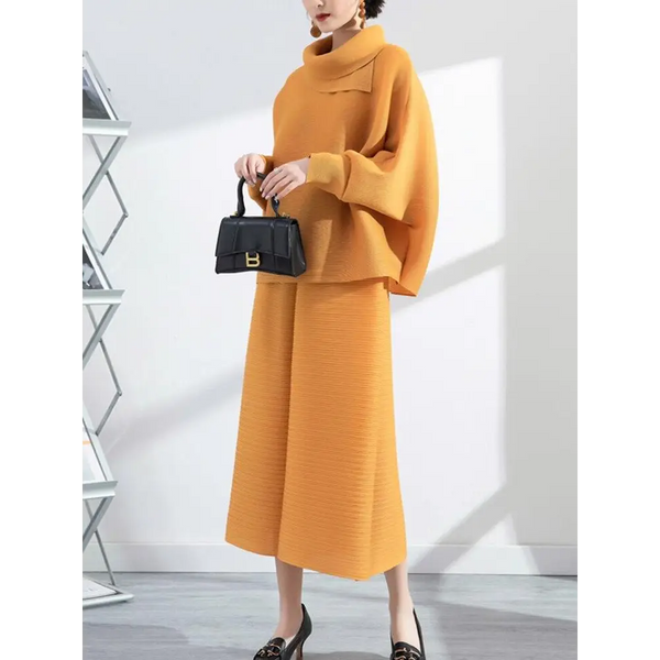 Solid Color Pleated Sets Lapel Long Sleeve Top with Wide Leg Elastic Waist Pant Nexellus