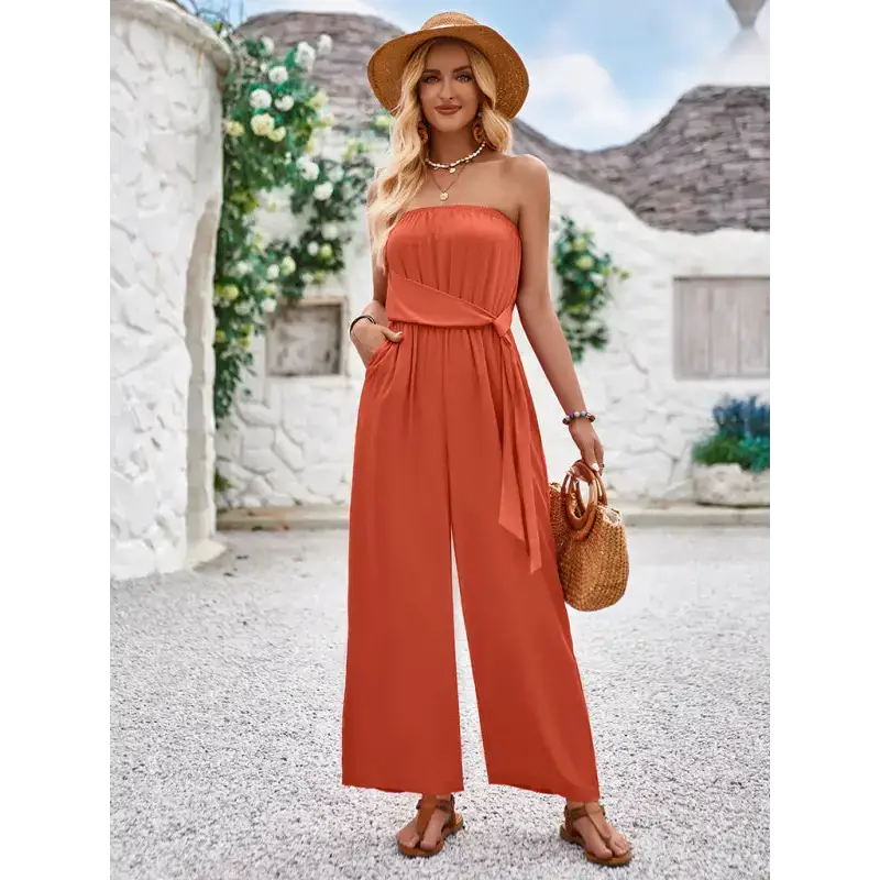 Solid color tube top and waist slim fit jumpsuit Nexellus