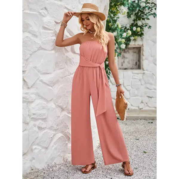 Solid color tube top and waist slim fit jumpsuit Nexellus