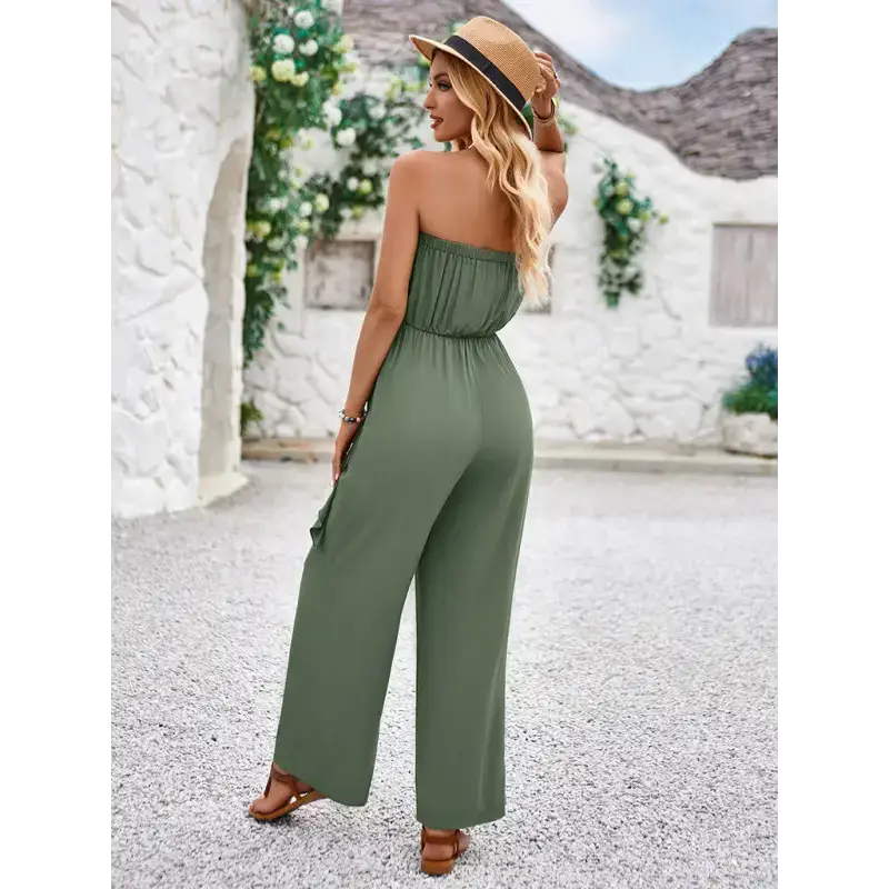 Solid color tube top and waist slim fit jumpsuit Nexellus