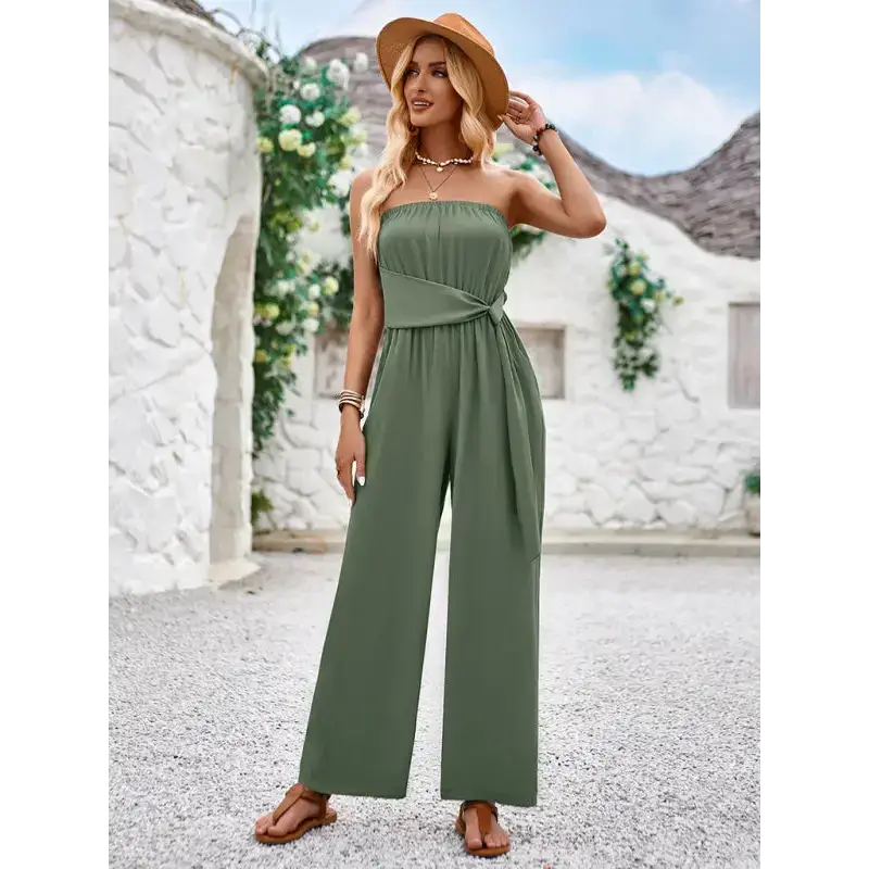 Solid color tube top and waist slim fit jumpsuit Nexellus