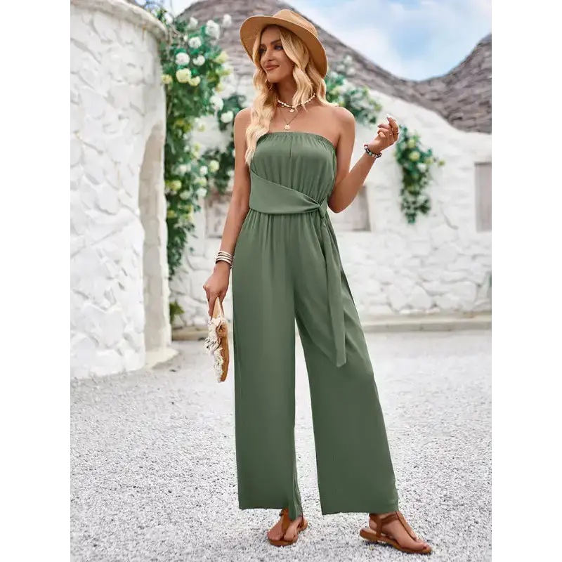 Solid color tube top and waist slim fit jumpsuit Nexellus