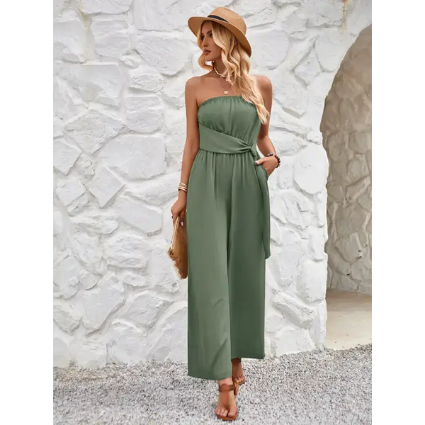 Solid color tube top and waist slim fit jumpsuit Nexellus