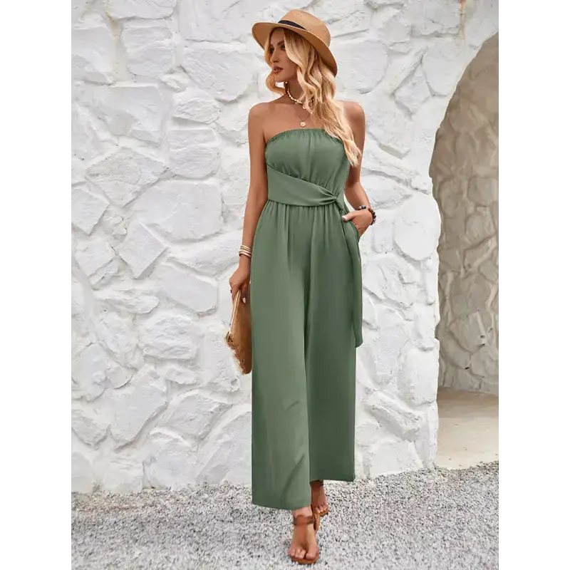 Solid color tube top and waist slim fit jumpsuit Nexellus