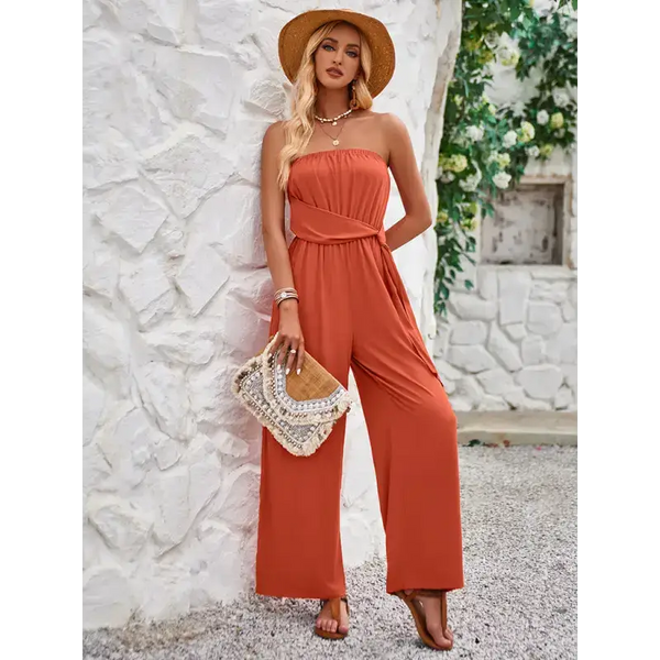 Solid color tube top and waist slim fit jumpsuit Nexellus