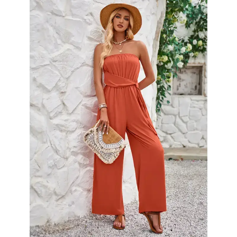 Solid color tube top and waist slim fit jumpsuit Nexellus