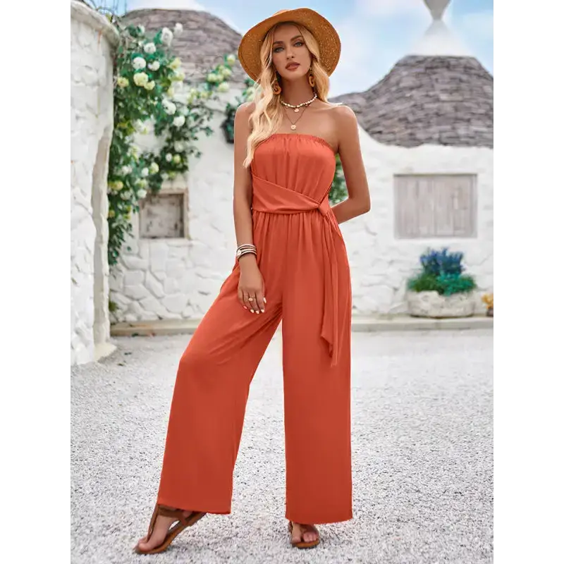 Solid color tube top and waist slim fit jumpsuit Nexellus