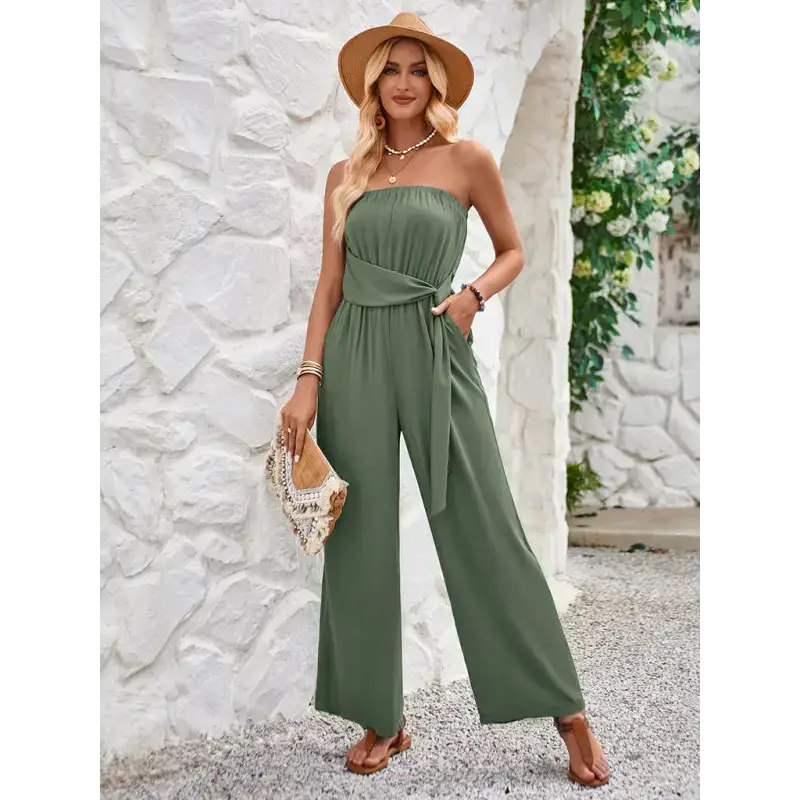 Solid color tube top and waist slim fit jumpsuit Nexellus