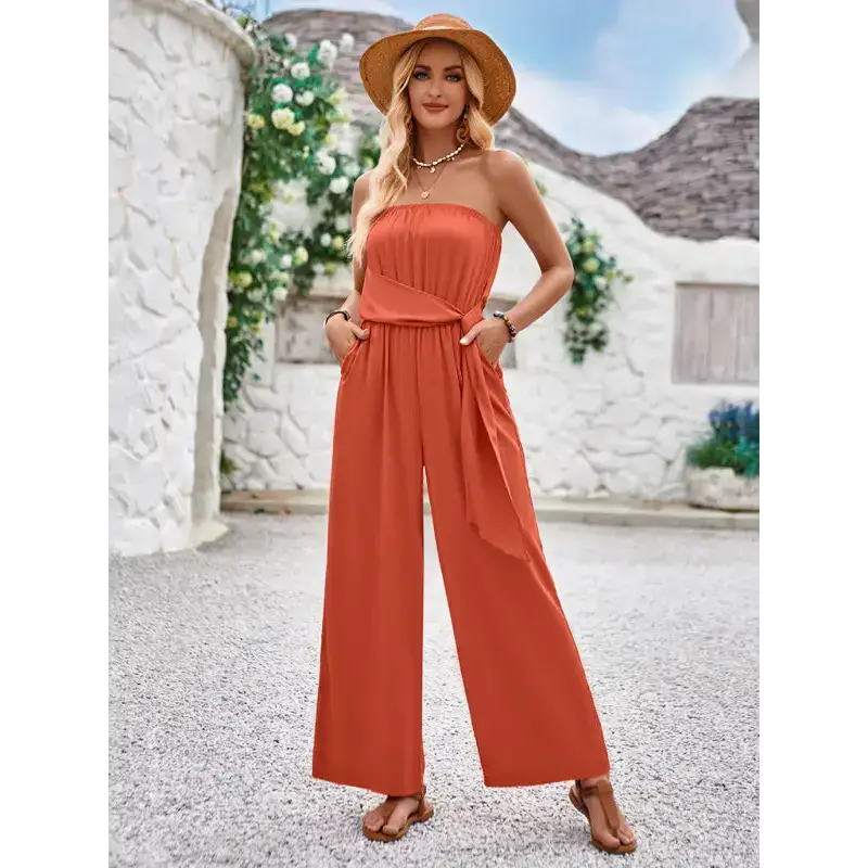 Solid color tube top and waist slim fit jumpsuit Nexellus