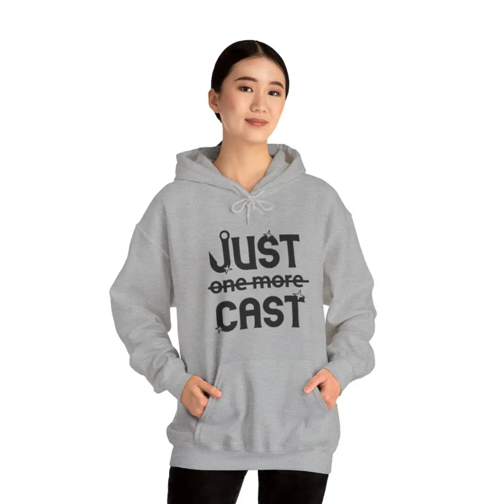 Stay cozy in style with our “just cast” print hooded