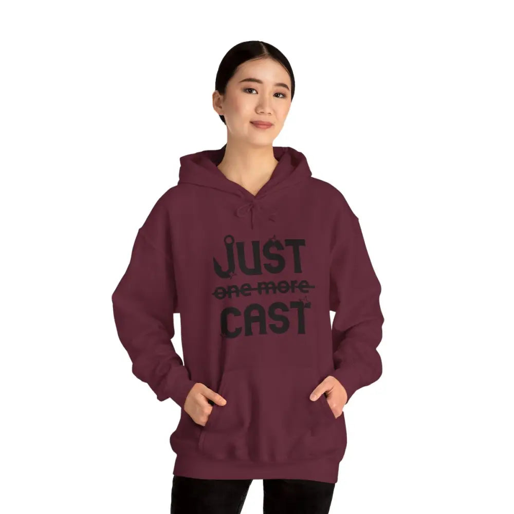 Stay cozy in style with our “just cast” print hooded