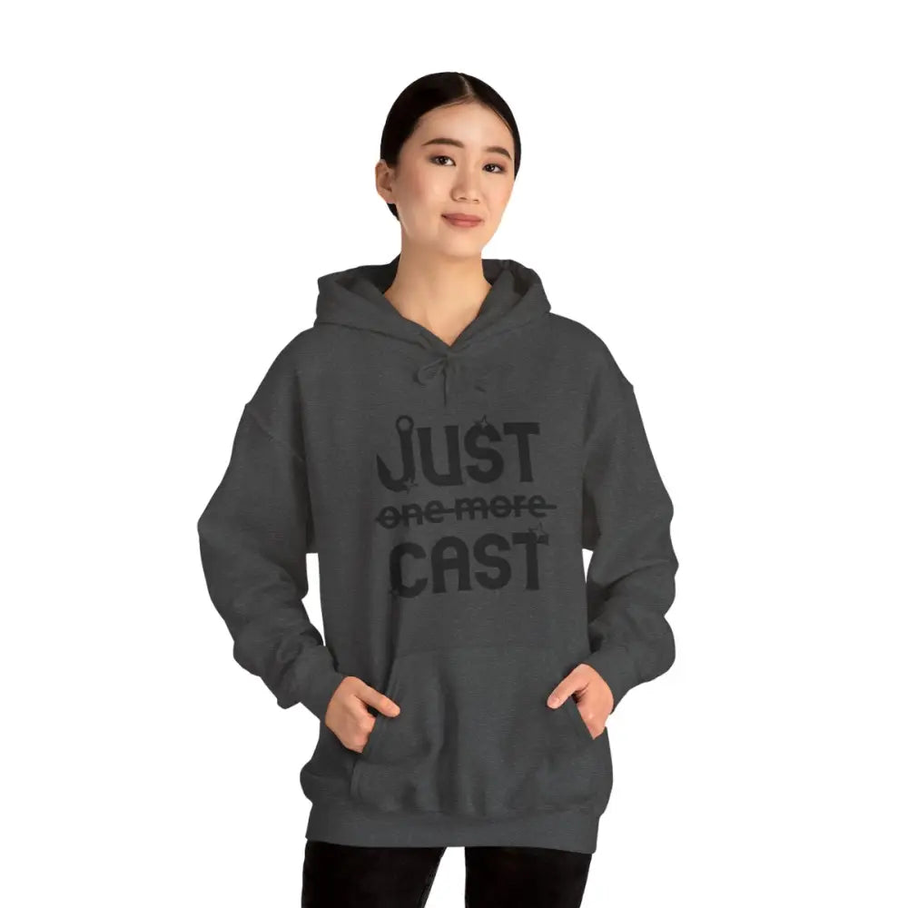 Stay cozy in style with our “just cast” print hooded