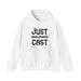 Stay cozy in style with our “just cast” print hooded