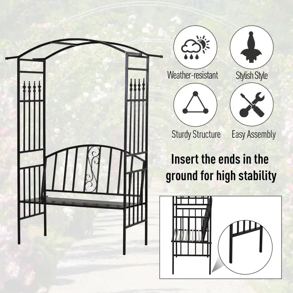 Steel frame outdoor garden arch w/ 2-seater bench black Nexellus