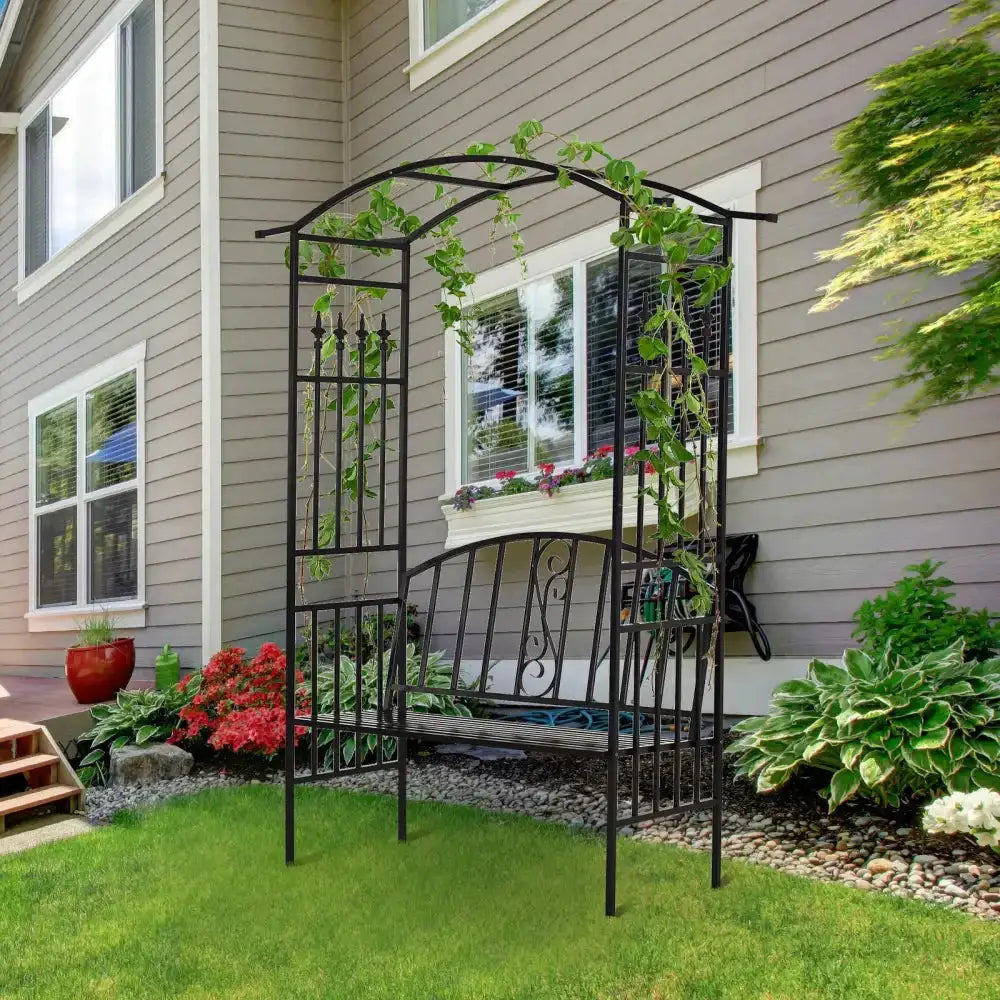 Steel frame outdoor garden arch w/ 2-seater bench black Nexellus