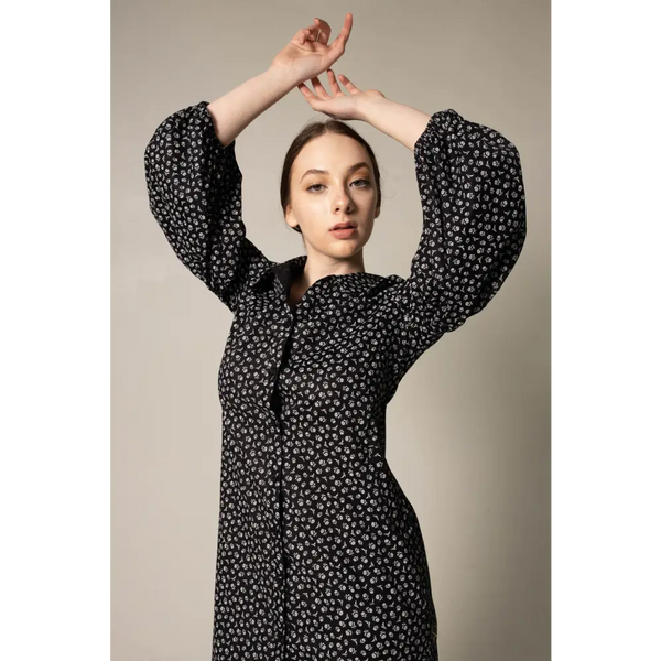 The Black Floral Shirt Dress in Italian Cotton with Oversized Sleeves - Nexellus