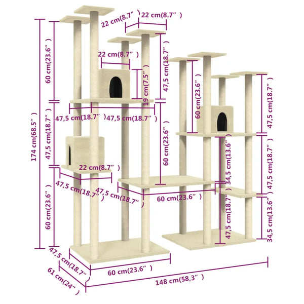 Vidaxl cat tree with sisal scratching posts cream 174 cm