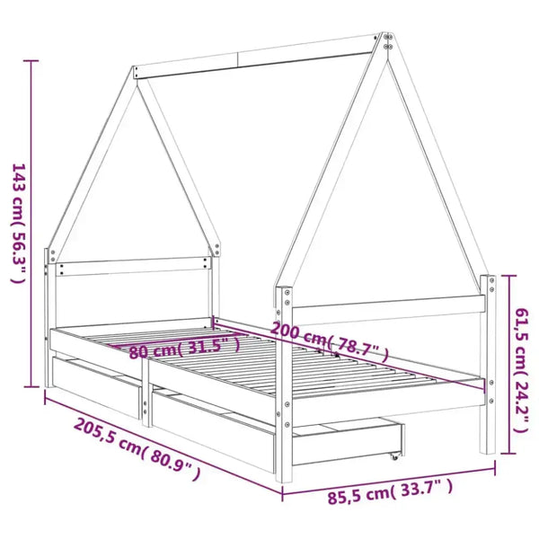 Vidaxl kids bed frame with drawers 80x200 cm solid wood pine Nexellus