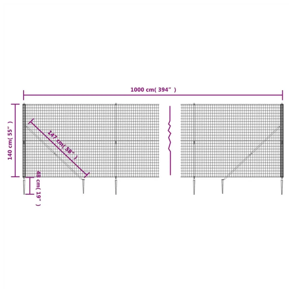 Vidaxl wire mesh fence with spike anchors anthracite 1.4x10 m Nexellus