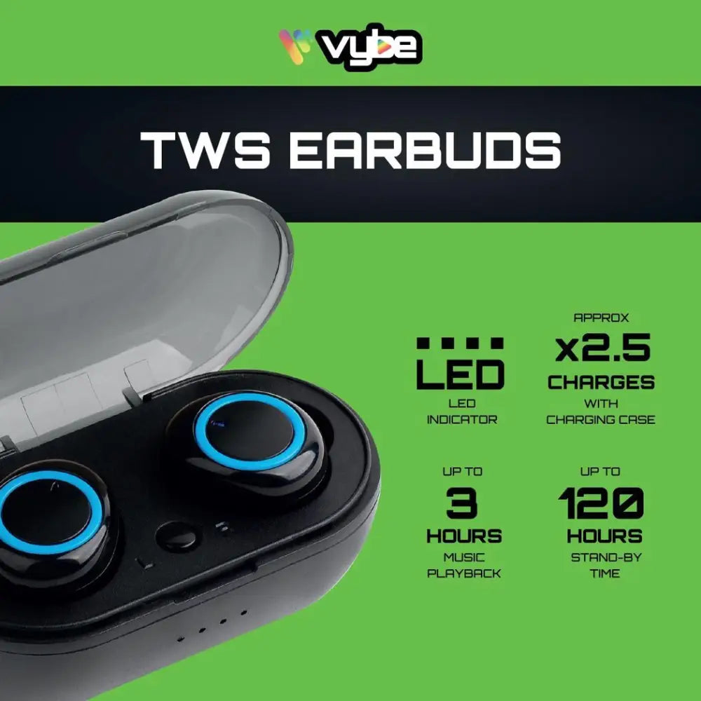 Vybe tws earbuds with 3h music playback charging case