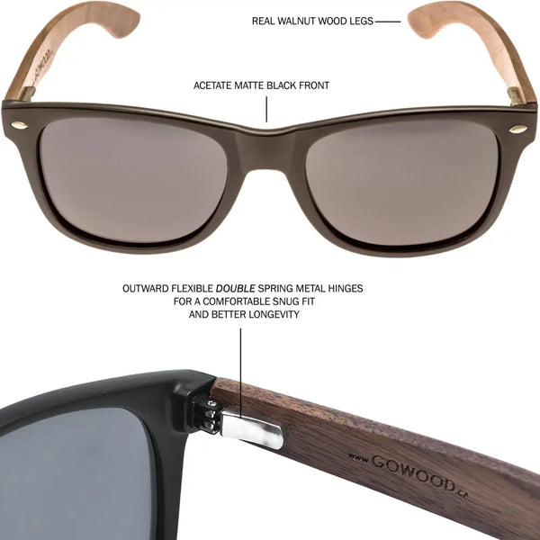 Walnut wood classic style sunglasses with black polarized