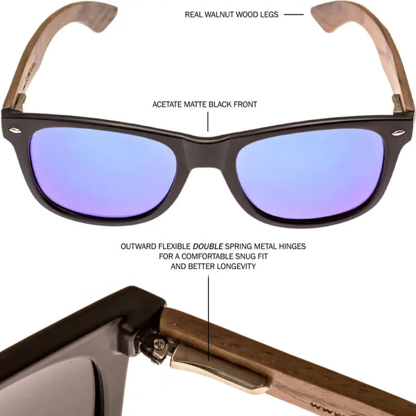 Walnut wood classic style sunglasses with blue mirrored