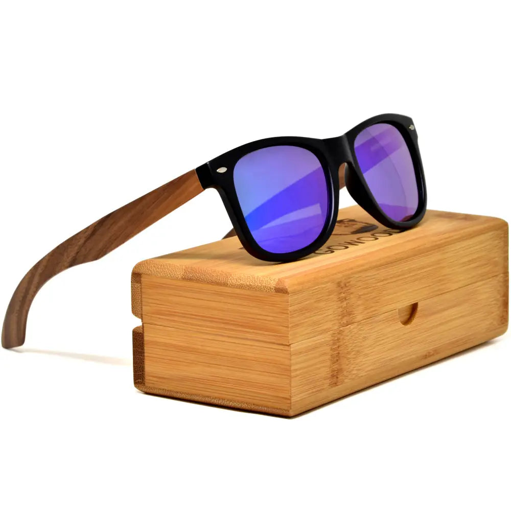 Walnut wood classic style sunglasses with blue mirrored