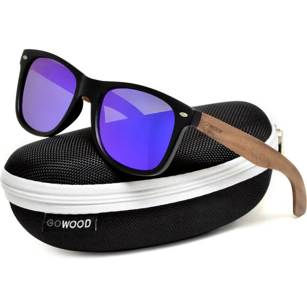 Walnut wood classic style sunglasses with blue mirrored