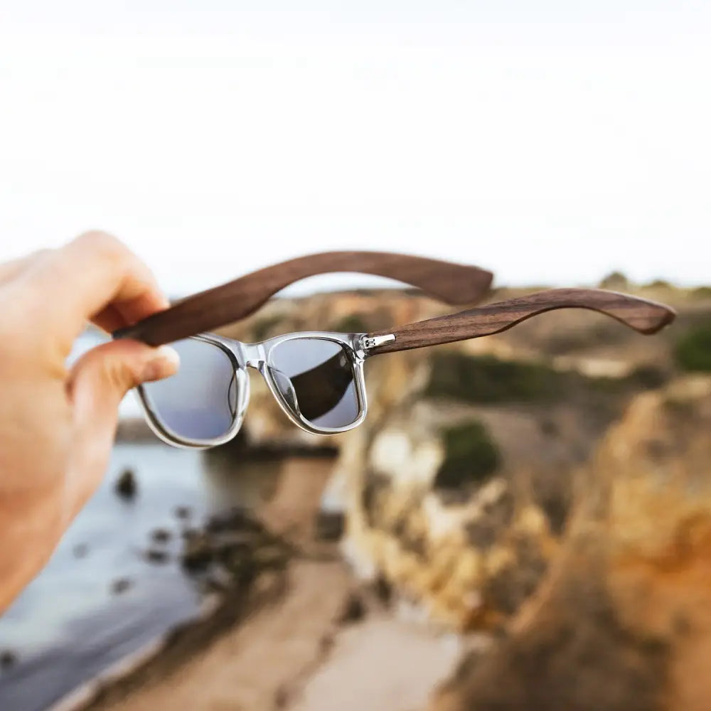 Walnut wood classic style sunglasses with semi-transparent