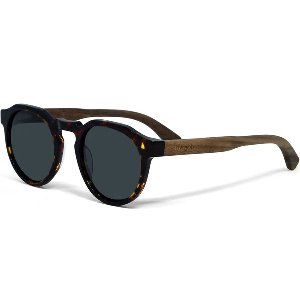 Walnut wood panto sunglasses with tortoise frame and black