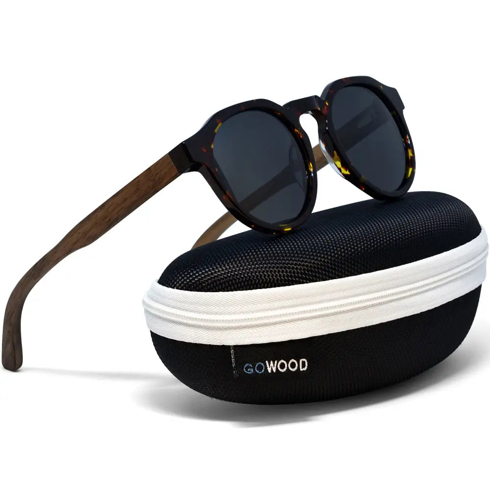 Walnut wood panto sunglasses with tortoise frame and black