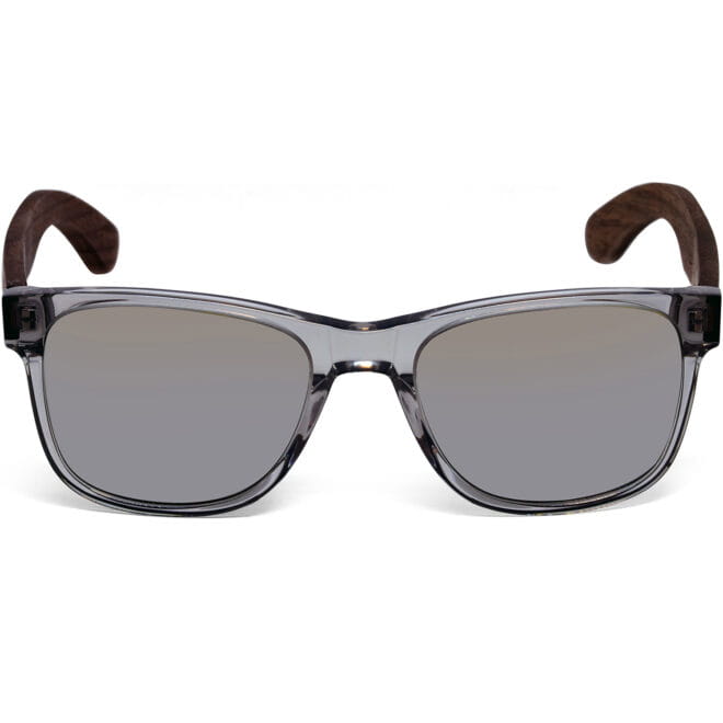 Walnut wood sunglasses classic style transparent frame with silver lenses front