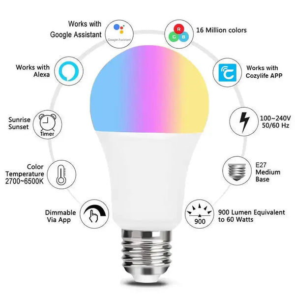 Wifi smart bulb alexa voice control rgbcw dimming color a19 bulb Nexellus