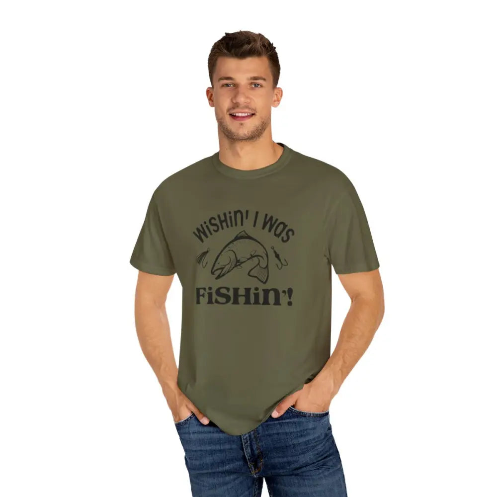 Wishin’ i was fishin’ unisex garment-dyed t-shirt - M / Sage