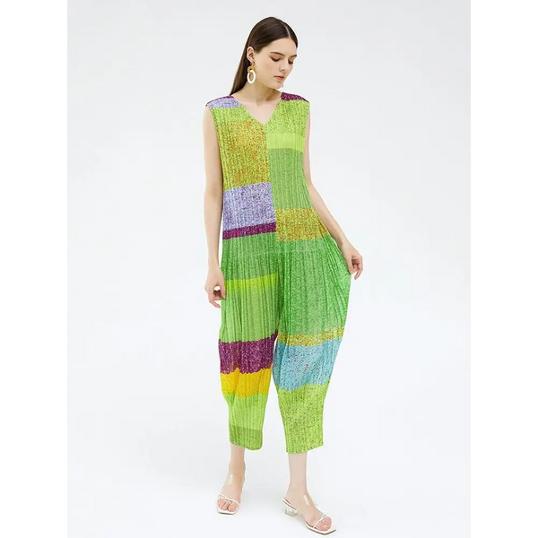 Woman Pleated Flare Jumpsuit Green Color Block Print Nexellus