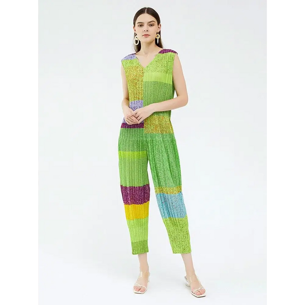 Woman Pleated Flare Jumpsuit Green Color Block Print Nexellus