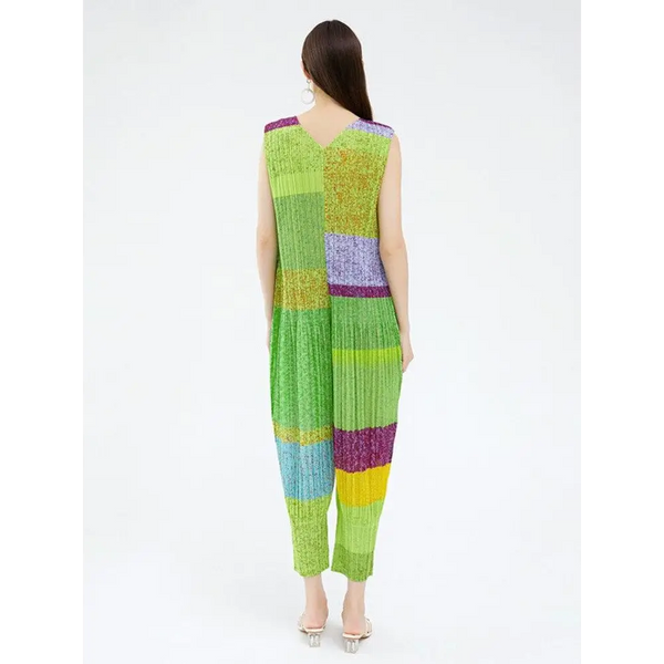 Woman Pleated Flare Jumpsuit Green Color Block Print Nexellus