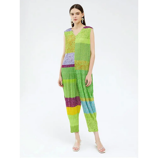 Woman Pleated Flare Jumpsuit Green Color Block Print Nexellus