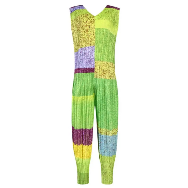 Woman Pleated Flare Jumpsuit Green Color Block Print Nexellus