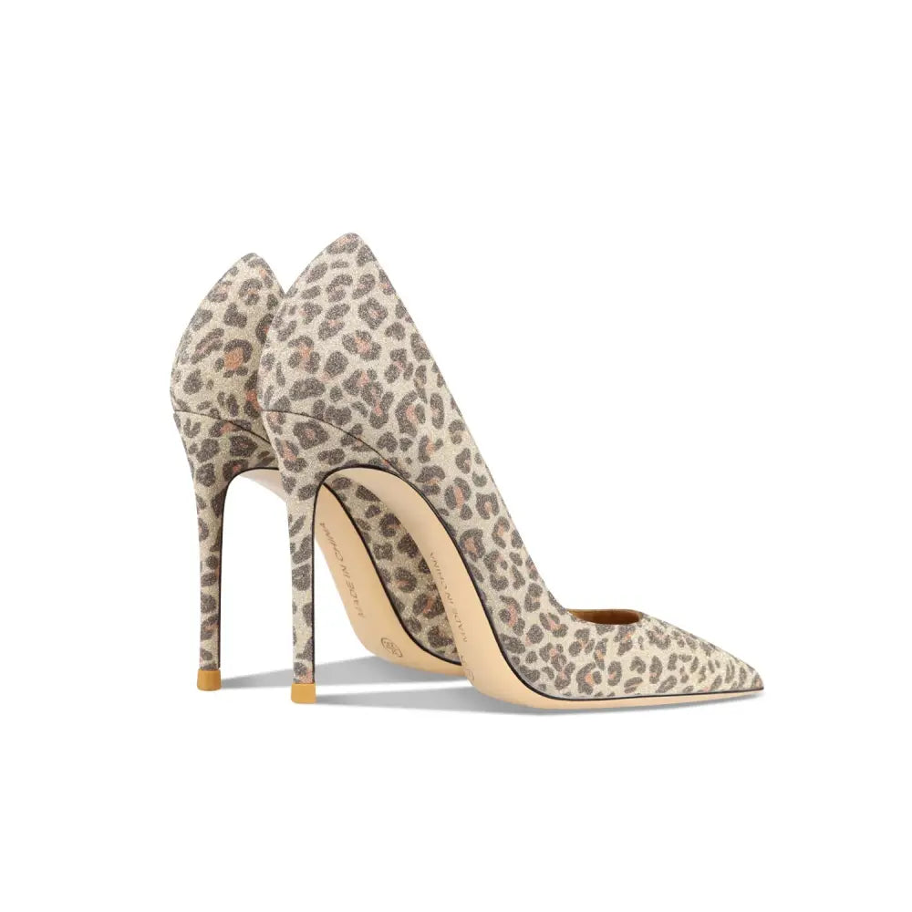 Women Leather High Heel Shoes Pointed Shallow Mouth Thin Heel Gold Leopard Nexellus