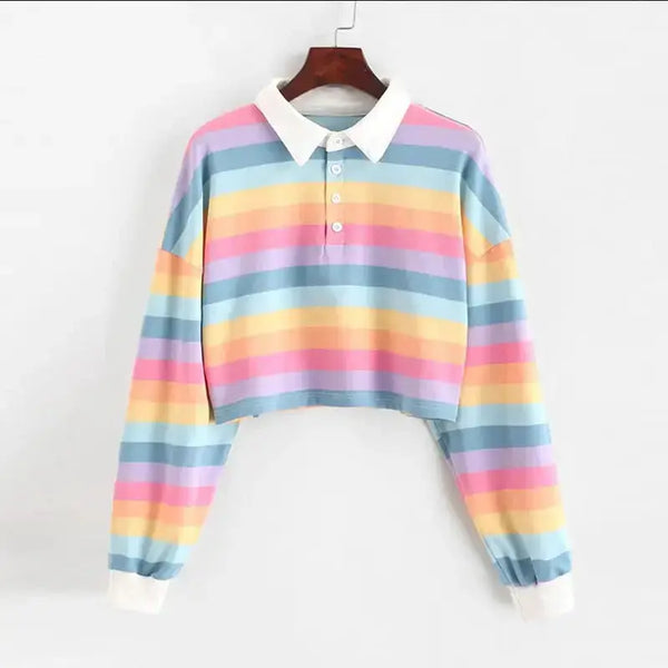 Women long sleeve rainbow color polo shirt with button striped Nexellus