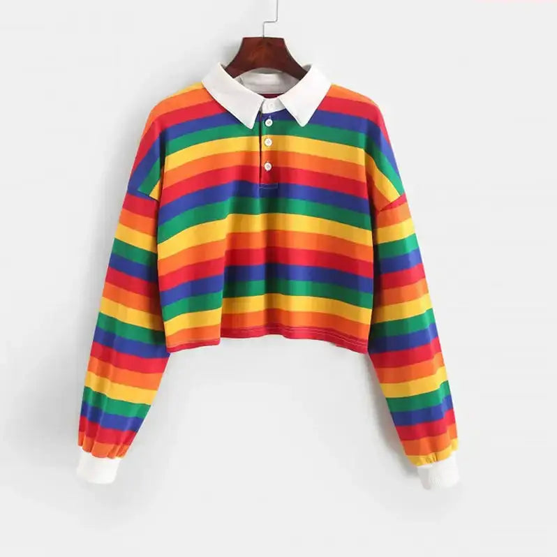 Women long sleeve rainbow color polo shirt with button striped Nexellus