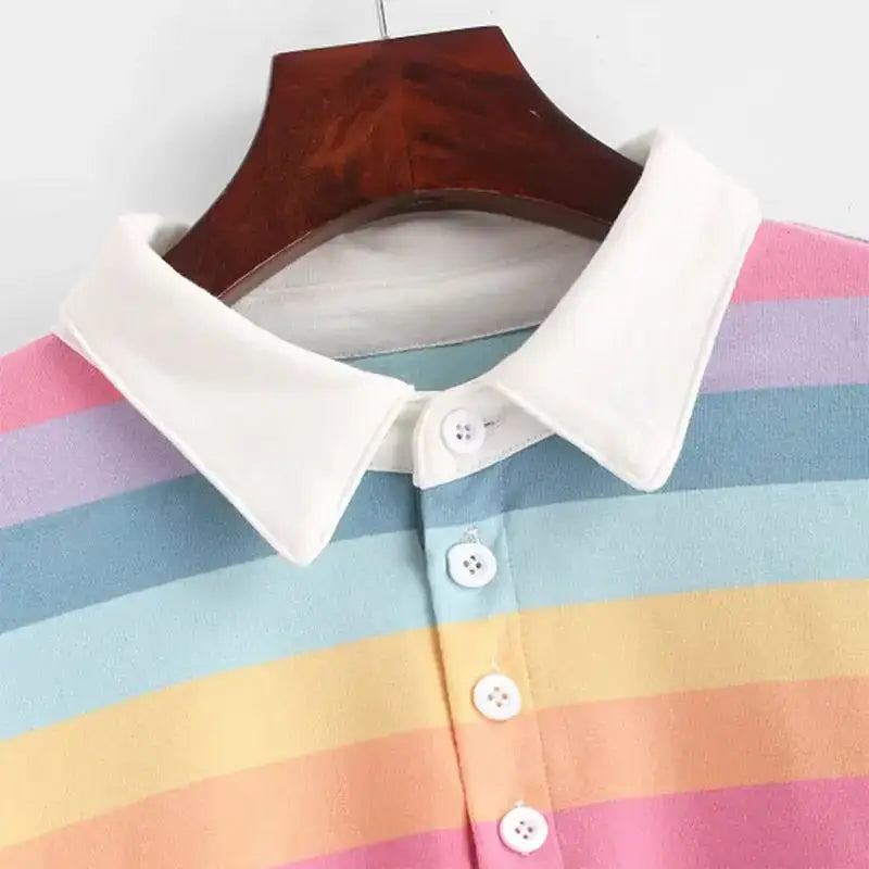 Women long sleeve rainbow color polo shirt with button striped Nexellus