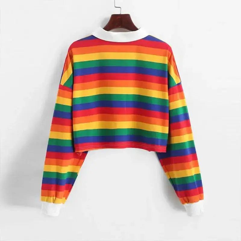 Women long sleeve rainbow color polo shirt with button striped Nexellus