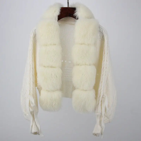 Women Short Warm Loose Knitted Jacket with Natural Fur Placket Coat Nexellus